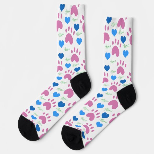Pink Cat Paws Blue Hearts Green Meow Pattern Sokken (Links)
