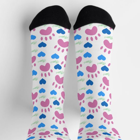 Pink Cat Paws Blue Hearts Green Meow Pattern Sokken (Top)