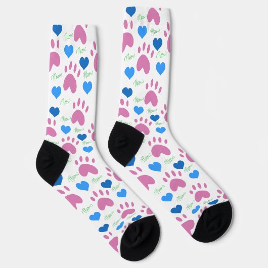 Pink Cat Paws Blue Hearts Green Meow Pattern Sokken (Rechts)