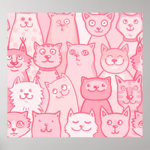 Pink Cats, Schattig naadloos patroon. Poster
