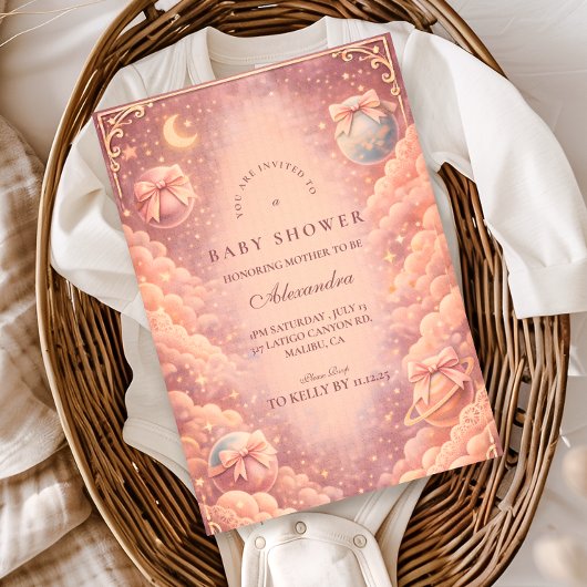 Pink Celestial Bows Clouds Baby Shower Kaart