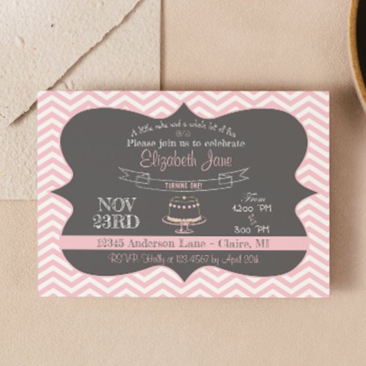 Pink Chalkboard Cake First Birthday Invite Kaart