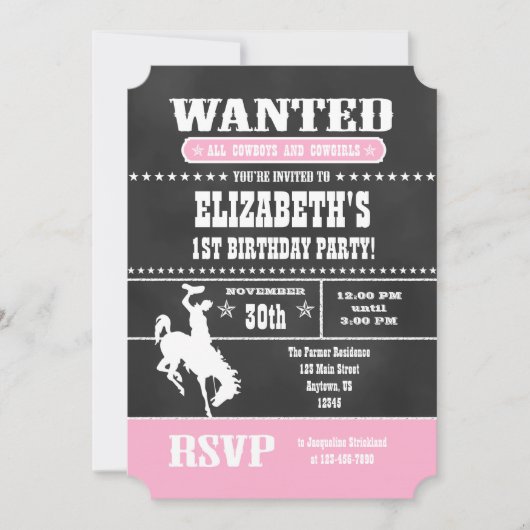 Pink Chalkboard Cowboy Birthday Uitnodiging (Voorkant)