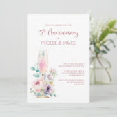 Pink Champagne Floral 15th Wedding Anniversary Kaart (Staand voorkant)