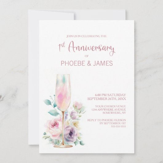 Pink Champagne Floral 1st Wedding Anniversary Kaart (Voorkant)