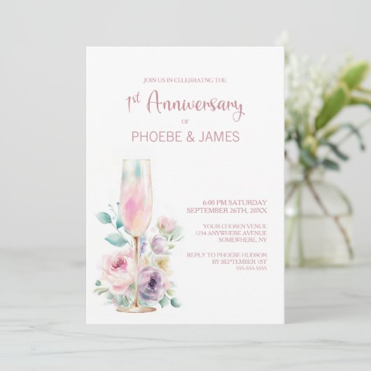 Pink Champagne Floral 1st Wedding Anniversary Kaart (Staand voorkant)