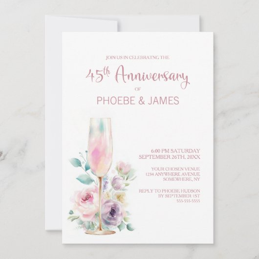 Pink Champagne Floral 45th Wedding Anniversary Kaart (Voorkant)