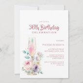 Pink Champagne Floral Any Age Birthday Party Kaart (Voorkant)