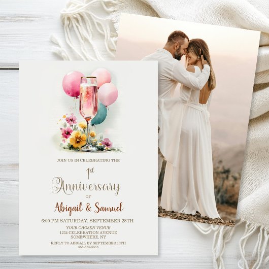 Pink Champagne Glass 1st Wedding Anniversary Kaart