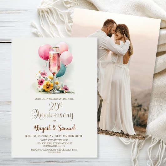 Pink Champagne Glass 20th Wedding Anniversary Kaart