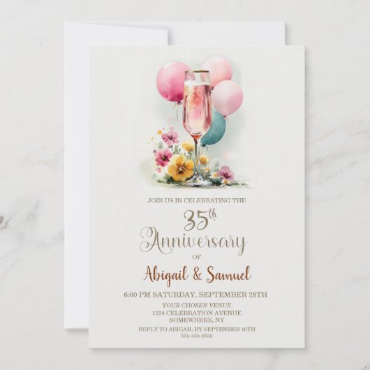Pink Champagne Glass 35th Wedding Anniversary Kaart (Voorkant)