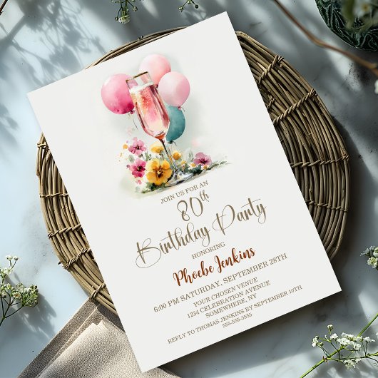 Pink Champagne Glass 80th Birthday Party Kaart