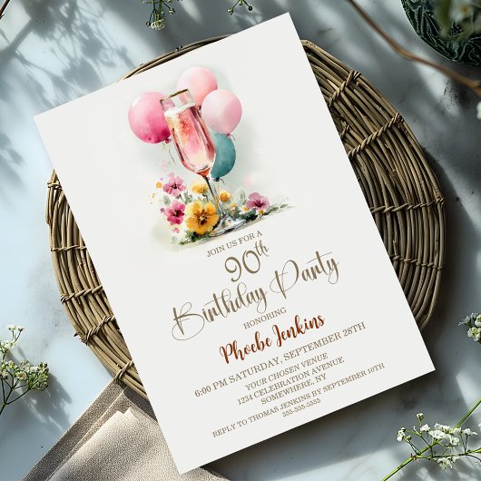 Pink Champagne Glass 90th Birthday Party Kaart