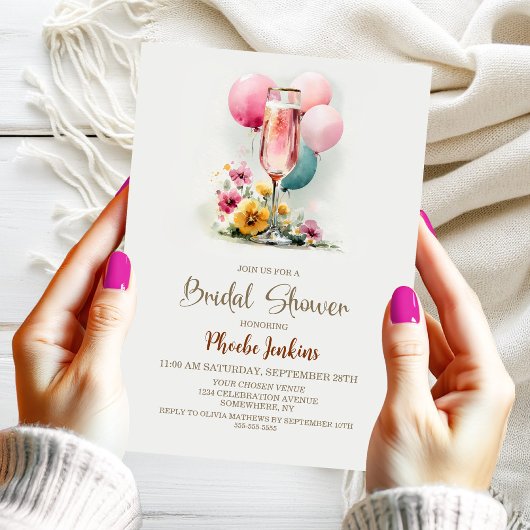 Pink Champagne Glass Bridal Shower Kaart