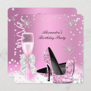 Pink Champagne High Heels Birthday Party 2 Kaart