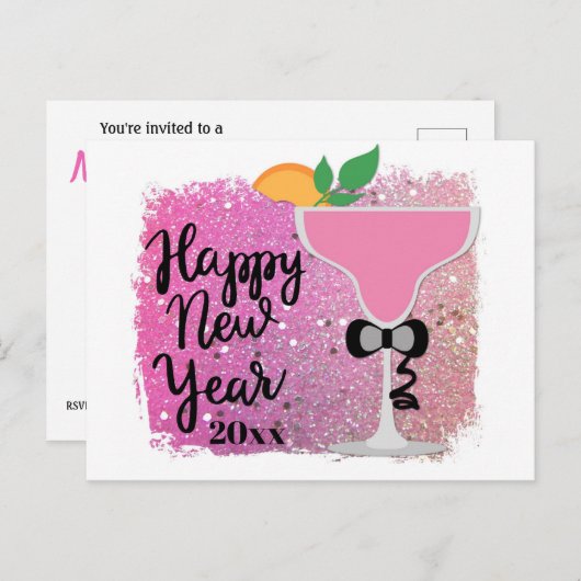 Pink Champagne New Years Eve Party Uitnodiging Briefkaart (Voorkant / Achterkant)