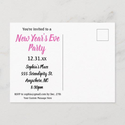 Pink Champagne New Years Eve Party Uitnodiging Briefkaart (Achterkant)