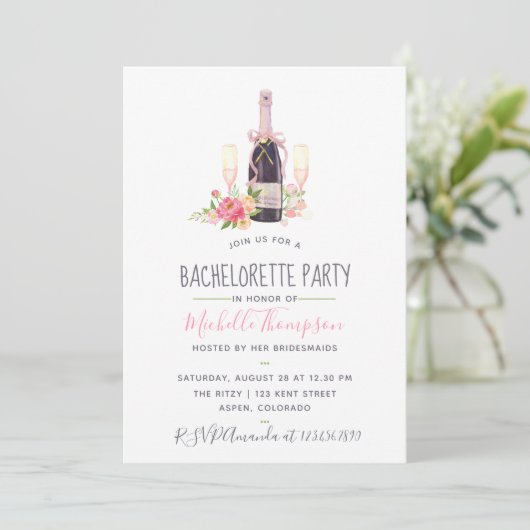 Pink Champagne Peony Waterverf Bachelorette Party Kaart (Staand voorkant)