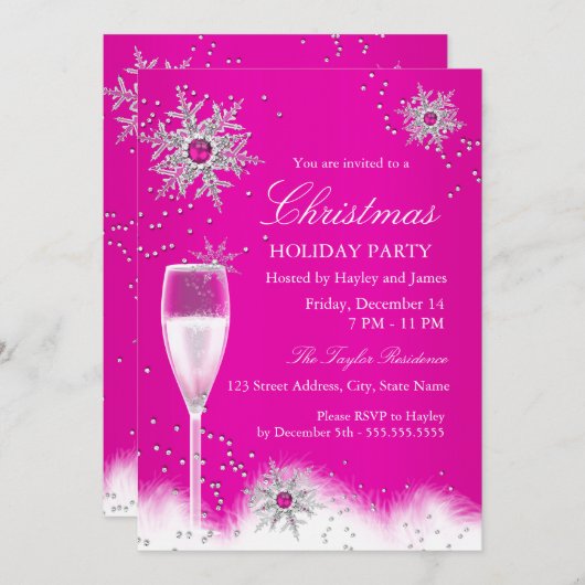 Pink Champagne Snowflake kerstfeestdag Kaart (Voorkant / Achterkant)
