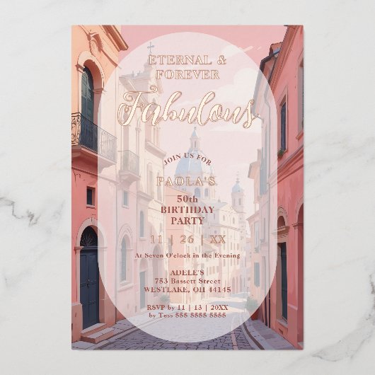 Pink Charming Ancient Cityscape Oval Translucent  Folie Uitnodiging (Voorkant)