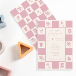 Pink Checked Baby shower Invitation Kaart