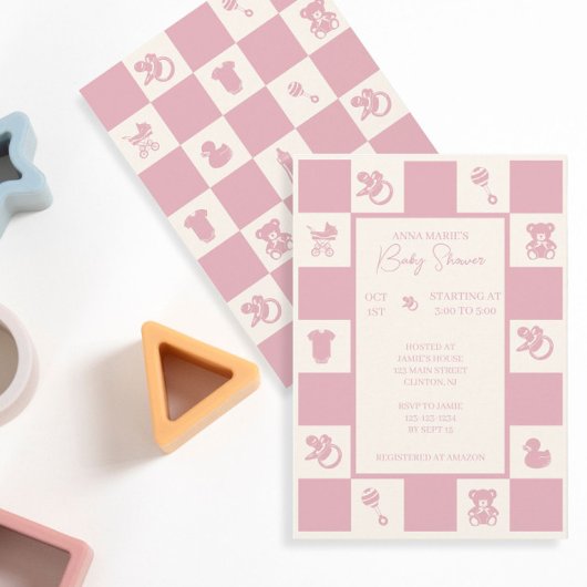 Pink Checked Baby shower Invitation Kaart