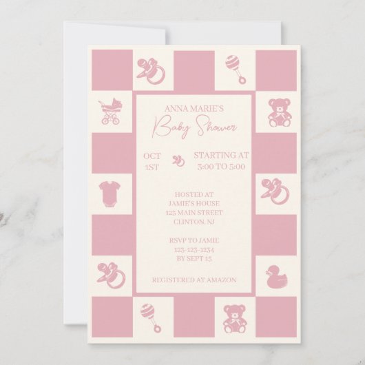 Pink Checked Baby shower Invitation Kaart (Voorkant)