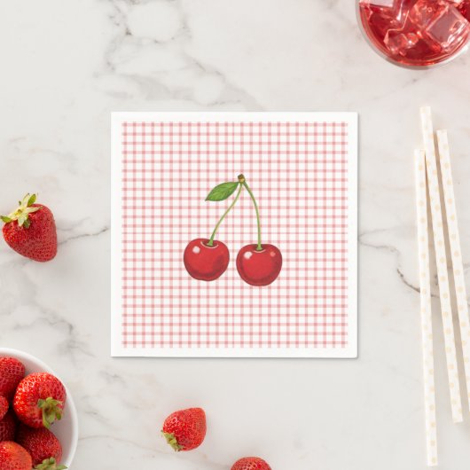 Pink Checked Paper Plates with Cherries Servet (Insitu)