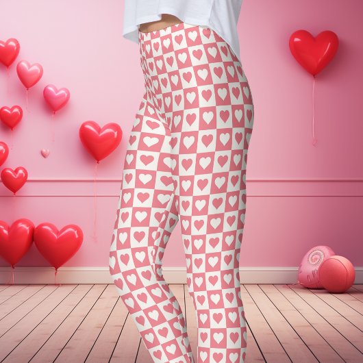 Pink Checkerboard Heart Valentijnsdag Leggings