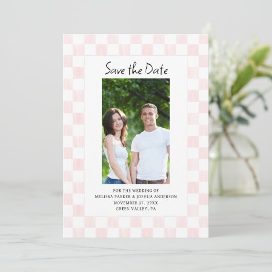 Pink Checkerboard Photo Save the Date Kaart (Staand voorkant)
