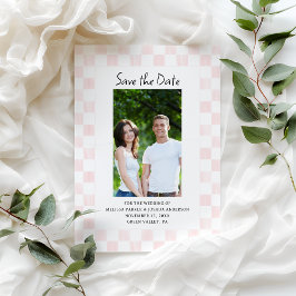 Pink Checkerboard Photo Save the Date Kaart