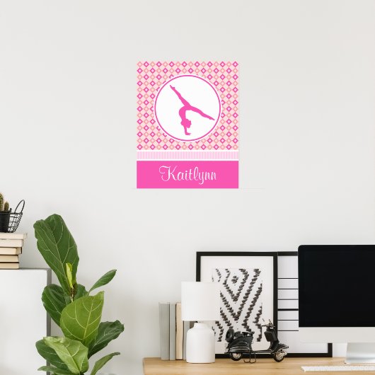 Pink Checkered Diamonds Gymnastiek met monogram Poster (Thuiskantoor)