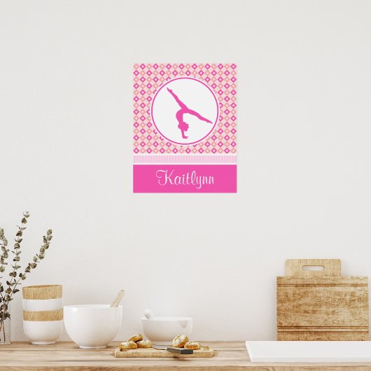 Pink Checkered Diamonds Gymnastiek met monogram Poster (Keuken)