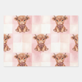 Pink Checkered Highland Cow Cute Gift Wrap Inpakpapier Vel