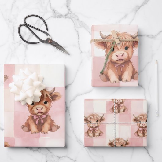 Pink Checkered Highland Cow Cute Gift Wrap Inpakpapier Vel (Voorkant)