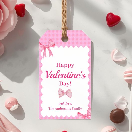 Pink Checkered Valentine Gift Tag Bow & Ribbon Cadeaulabel