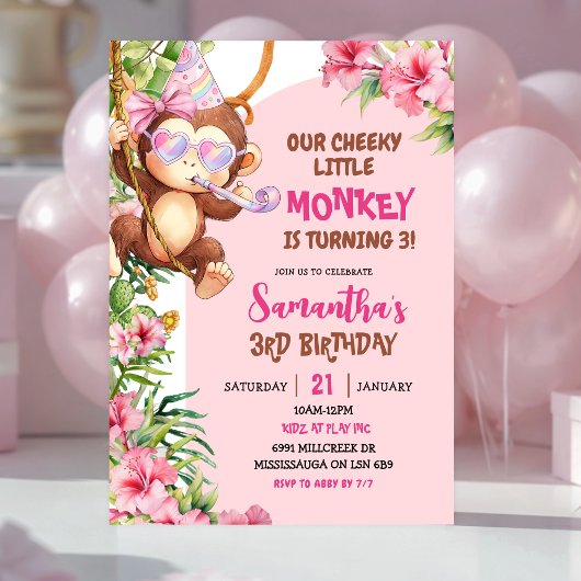Pink Cheeky Little Monkey Savannah Theme Birthday Kaart