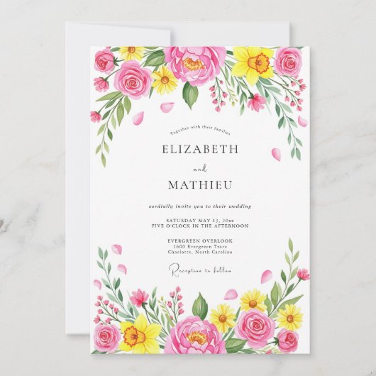 Pink Cheerful Spring Meadow Wedding Kaart (Voorkant)