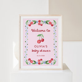 Pink Cherries Whimsical Retro Baby shower Welkom Poster