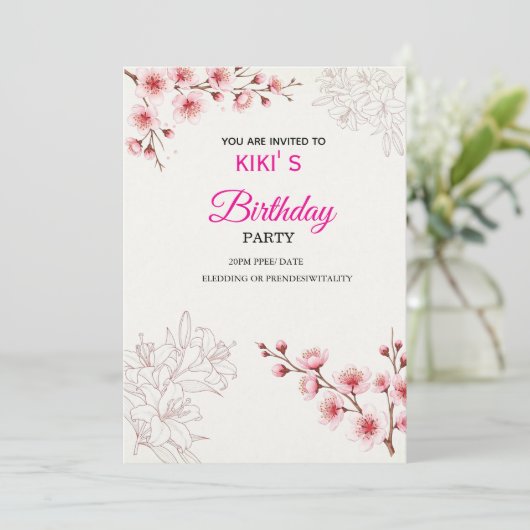 Pink Cherry Blossom Birthday Invitation | Watercol Kaart (Staand voorkant)