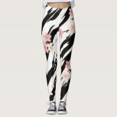 Pink Cherry Blossom Black White Brushstroke Patter Leggings (Voorkant)