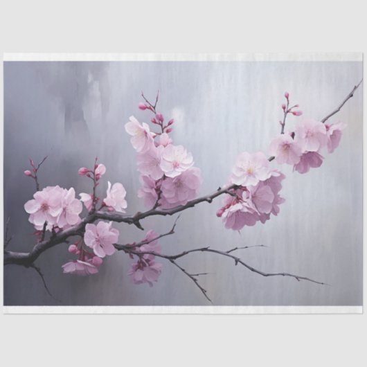 Pink Cherry Blossom Branch Misty Silver Sky Tissuepapier (Voorkant)