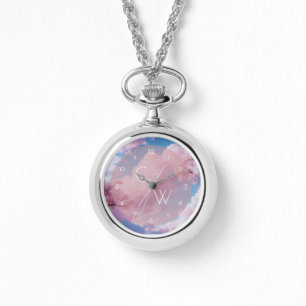 Pink Cherry Blossom Floral Sakura Custom Initialen Horloge