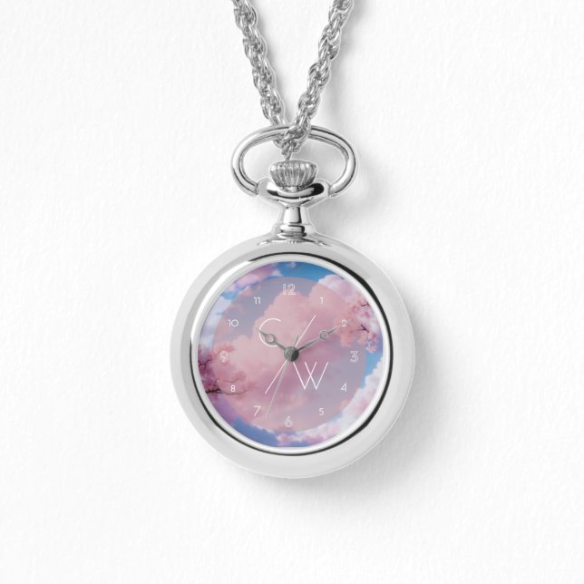 Pink Cherry Blossom Floral Sakura Custom Initialen Horloge (Voorkant)