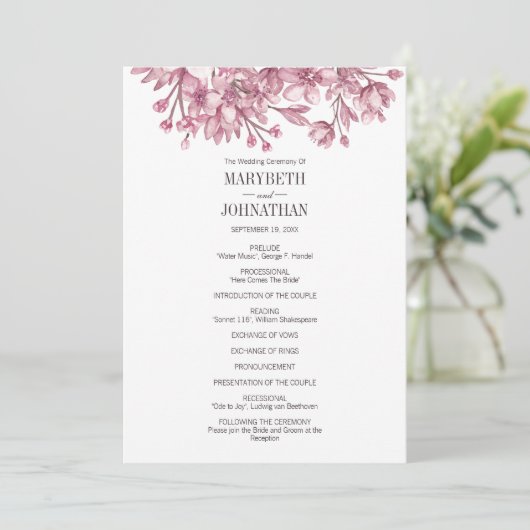 Pink Cherry Blossom Floral Wedding Programme Programmakaart (Staand voorkant)