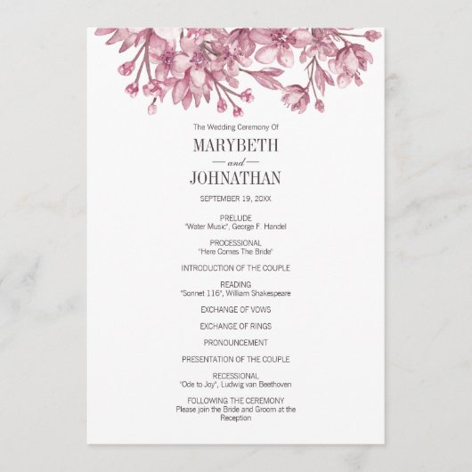 Pink Cherry Blossom Floral Wedding Programme Programmakaart (Voorkant)