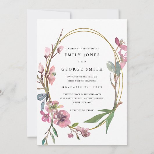 PINK CHERRY BLOSSOM FLORAL WREATH WEDDING INVITE BEDANKKAART (Voorkant)