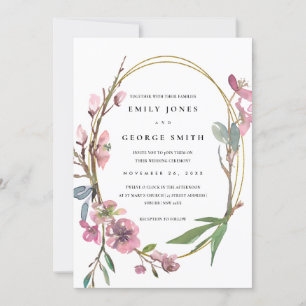 PINK CHERRY BLOSSOM FLORAL WREATH WEDDING INVITE BEDANKKAART