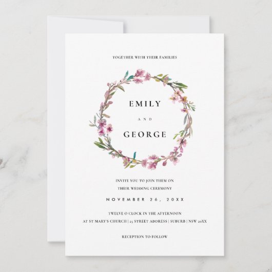 PINK CHERRY BLOSSOM FLORAL WREATH WEDDING INVITE BEDANKKAART (Voorkant)