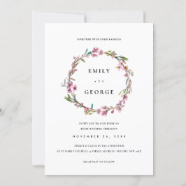PINK CHERRY BLOSSOM FLORAL WREATH WEDDING INVITE BEDANKKAART